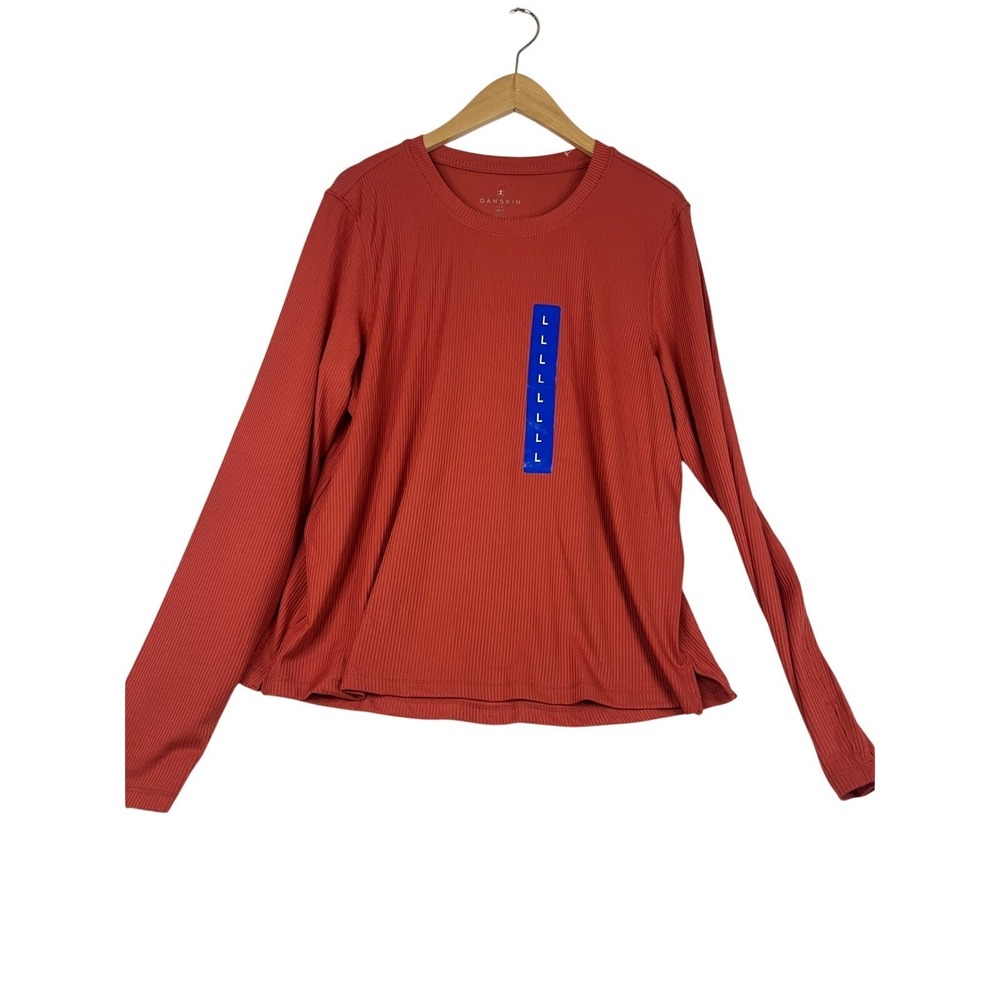 Danskin Womens Ribbed Long Sleeve Crew Neck Top Rust Orange Size L NWT Flaw